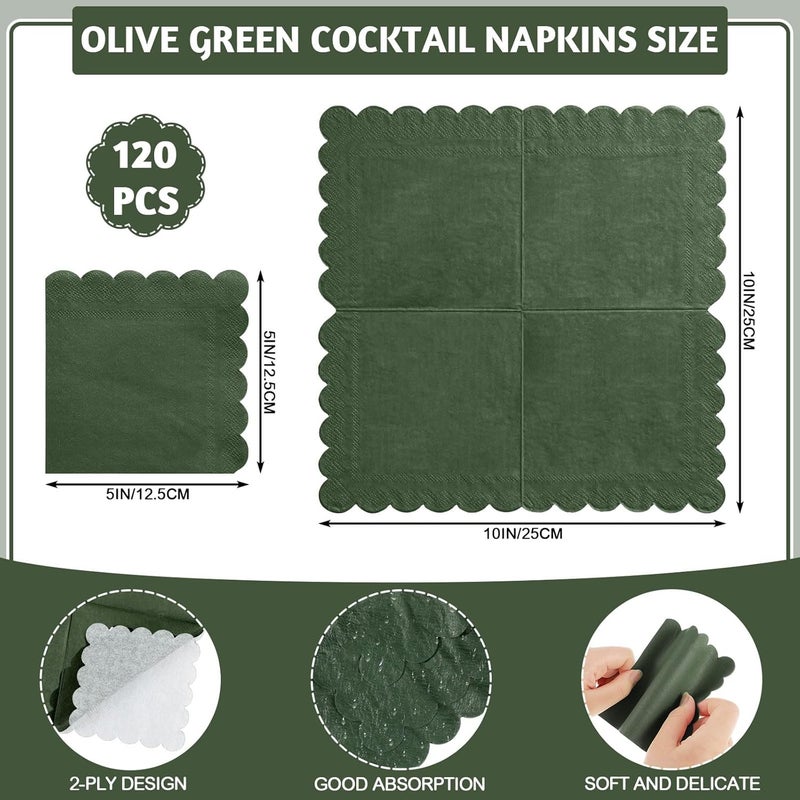 NatNarr 120 Pcs Cocktail Napkins Olive Green Napkins Disposable Scalloped Dessert Beverage Napkin Dark Green Dinner Napkin for Wedding, Bridal Baby Shower, Christmas, 5 x 5 Inch - Image 2